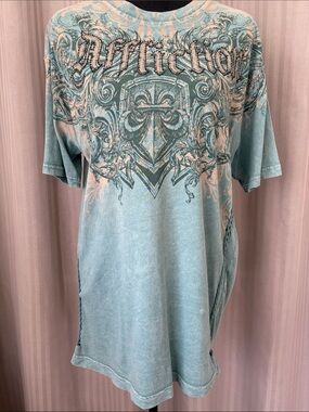 Affliction Aqua Graphic Short-Sleeve Tee w/Black Crystal Accents